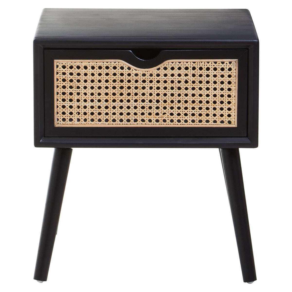 Orsina Black Side Table with Cane Drawer for Modern Bedroom Decor