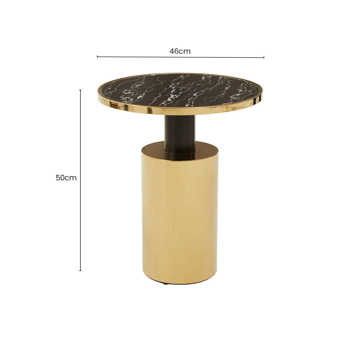 Orsina Side Table with a round marble top and gold metal base, measuring 46cm diameter and 50cm height