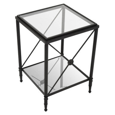 Orsina Side Table in Black Metal with Glass Top and Lower Shelf for Elegant Living Spaces
