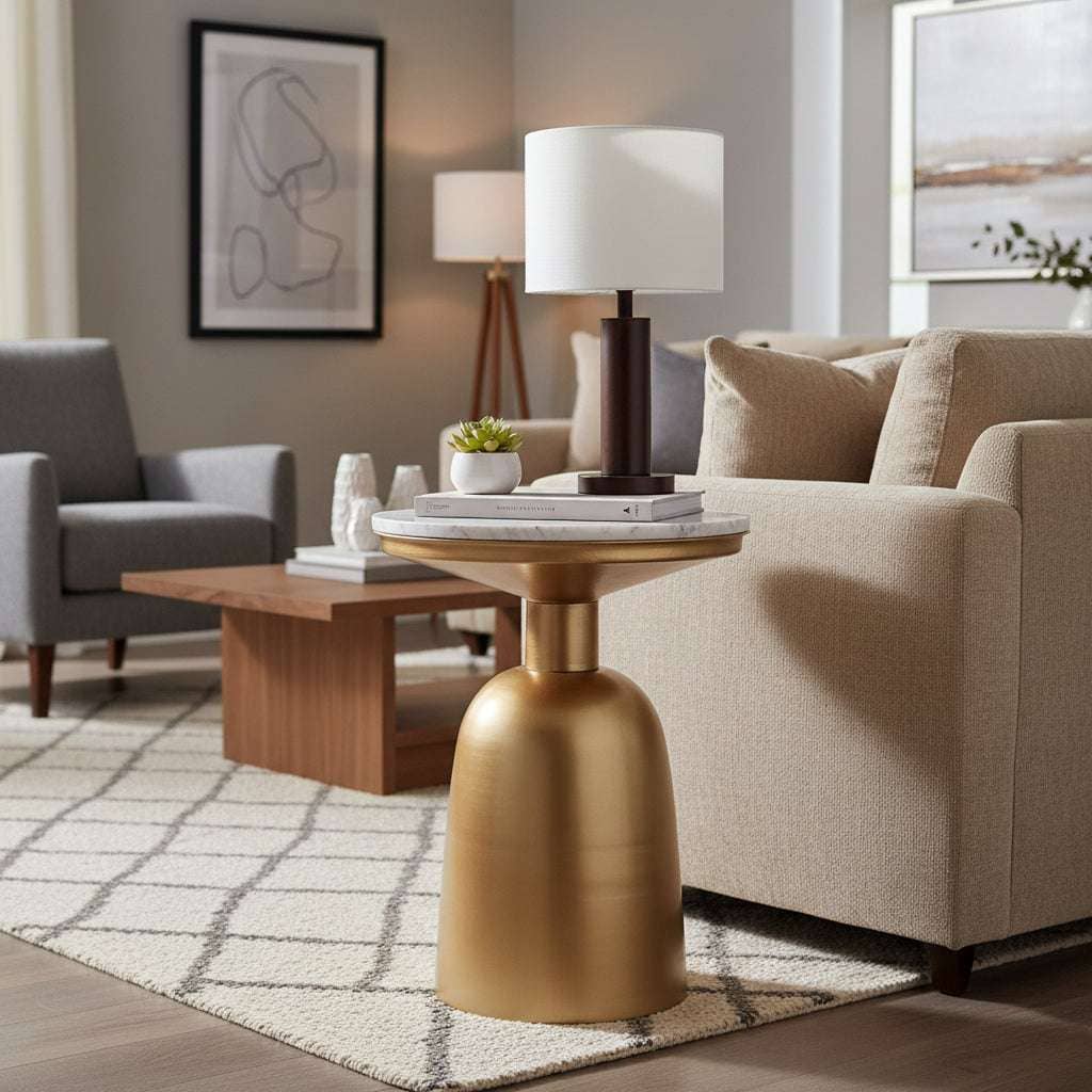 Amira White Marble Top Gold Base Side Table Orsina