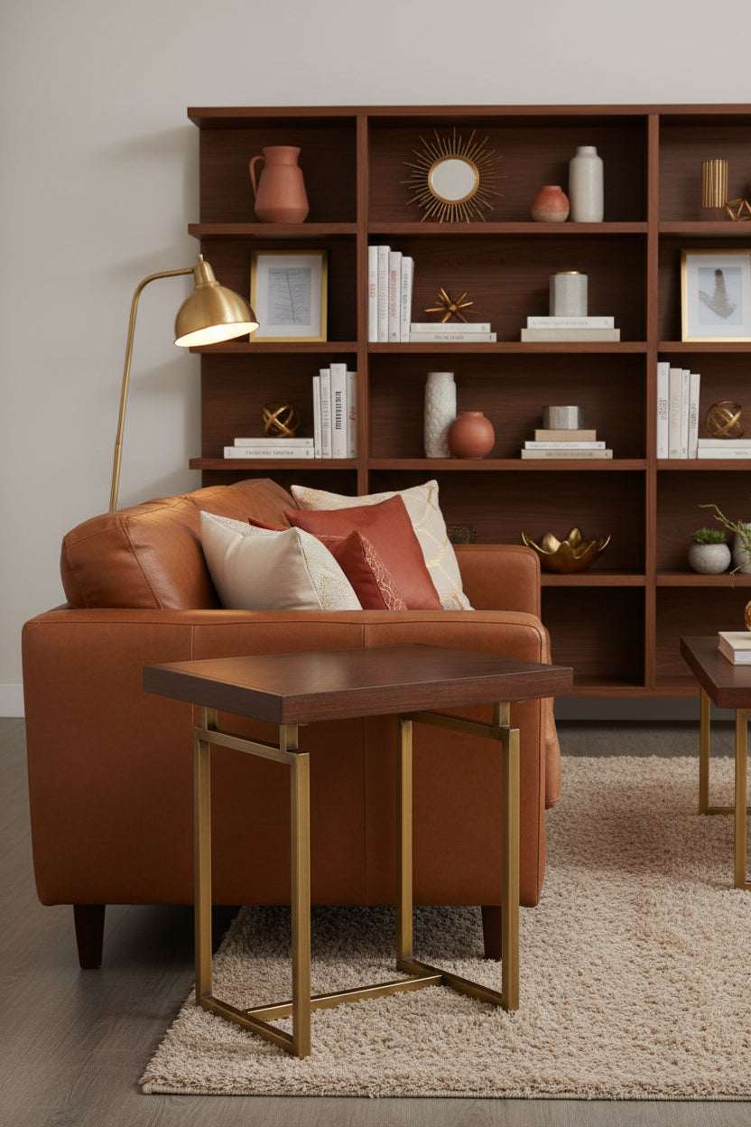 Orsina Side Table with a sleek wooden top and gold metal legs, placed beside a brown leather sofa