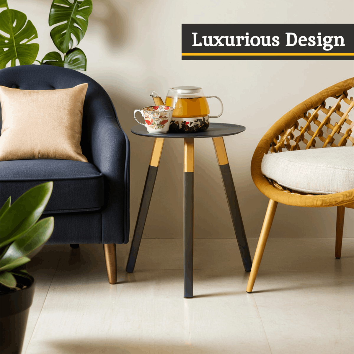 Orsina Side Table with a sleek design next to comfortable chairs and stylish decor