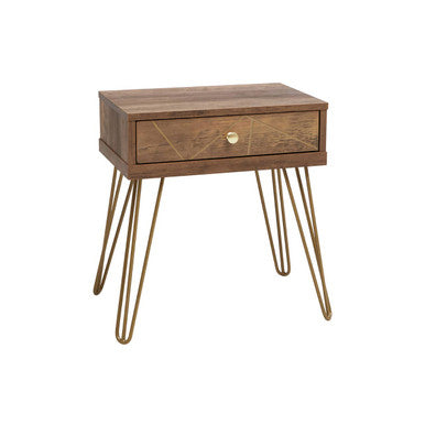 Orsina Side Table in Wood and Gold with One Drawer and Stylish Hairpin Legs