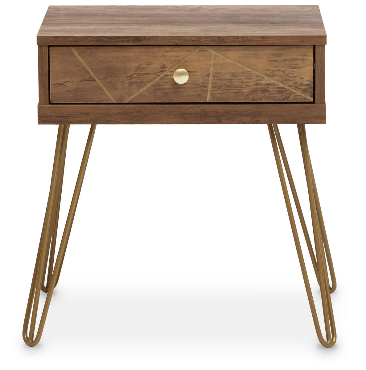 Orsina Side Table with a Drawer and Gold Hairpin Legs in Rustic Wood Finish