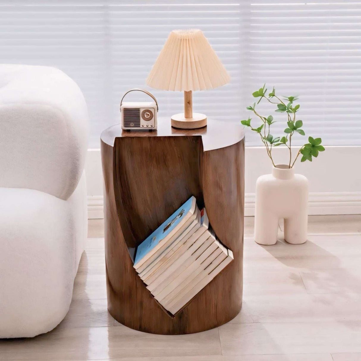 Nisu Home Wooden Side Table with Unique Design and Book Storage Compartment