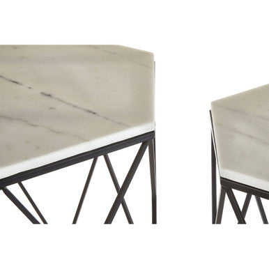Arcana Marble and Black Metal Set Of Two Hexagonal Side Tables Orsina