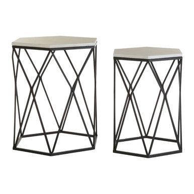 Arcana Marble and Black Metal Set Of Two Hexagonal Side Tables Orsina