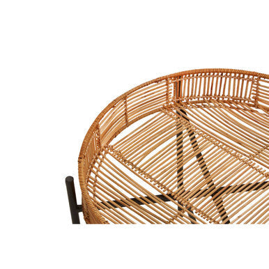 Orsina Side Tables featuring a round woven rattan top with an elegant black metal frame