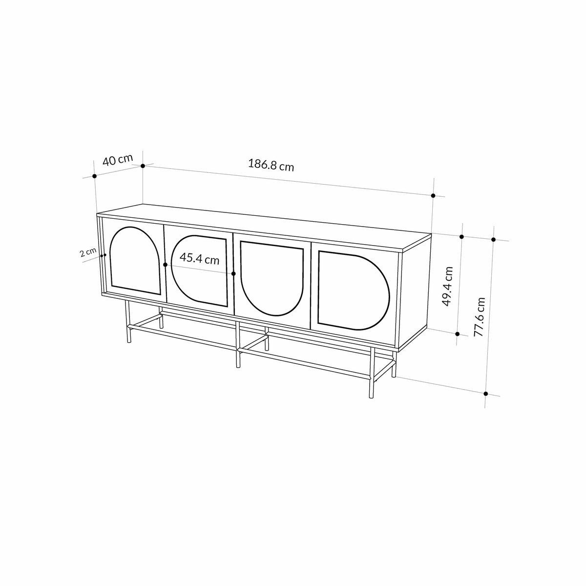 Decortie Console Unit with modern design, dimensions 186.8 cm wide and 77.6 cm tall, featuring unique door shapes
