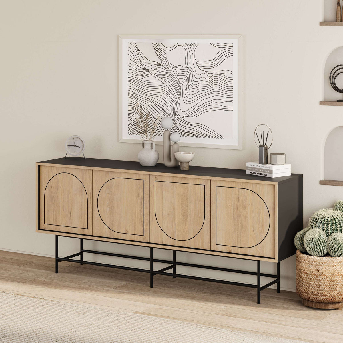Decortie Console Unit with a modern design featuring wooden doors and a sleek metal frame