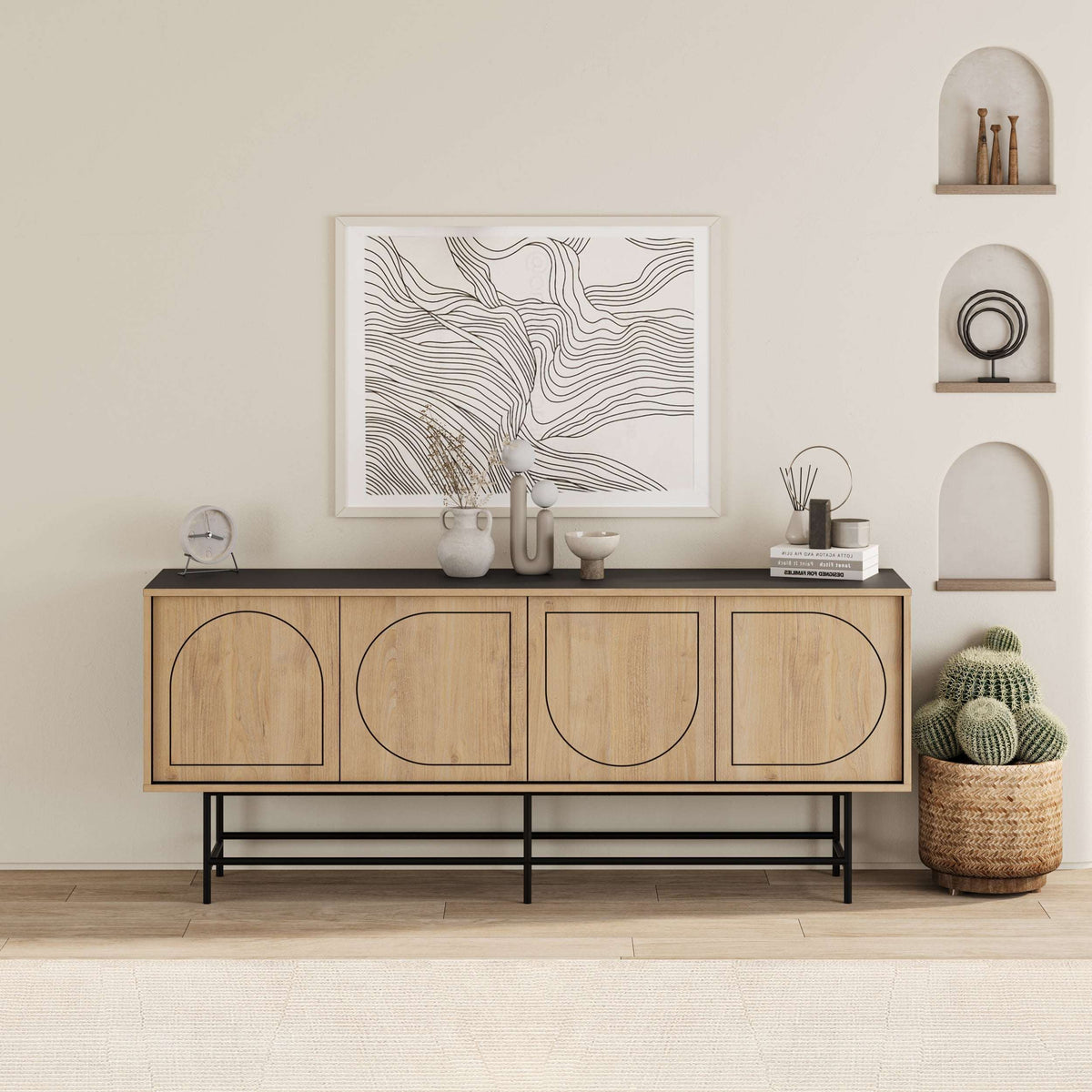 Decortie Console Unit in natural wood with minimalistic design and decorative art on the wall