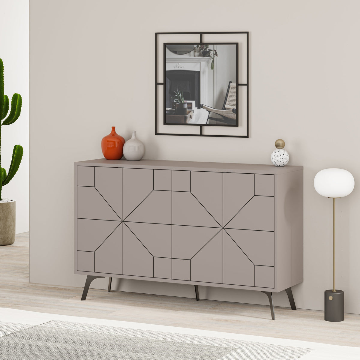 Modern Decortie sideboard in grey with geometric design and four drawers for stylish storage