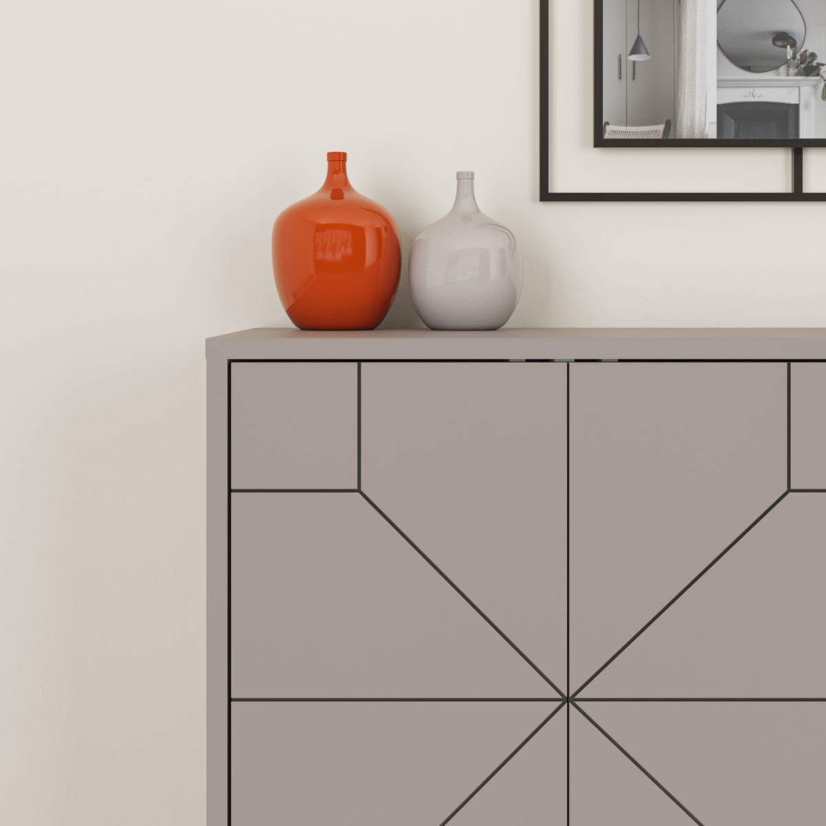 Decortie modern sideboard featuring geometric design and decorative vases on top