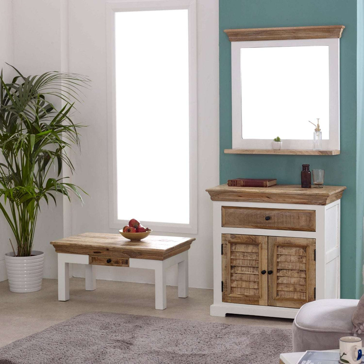 Verty Furniture rustic sideboard with wooden finish and decorative mirror in a modern living room