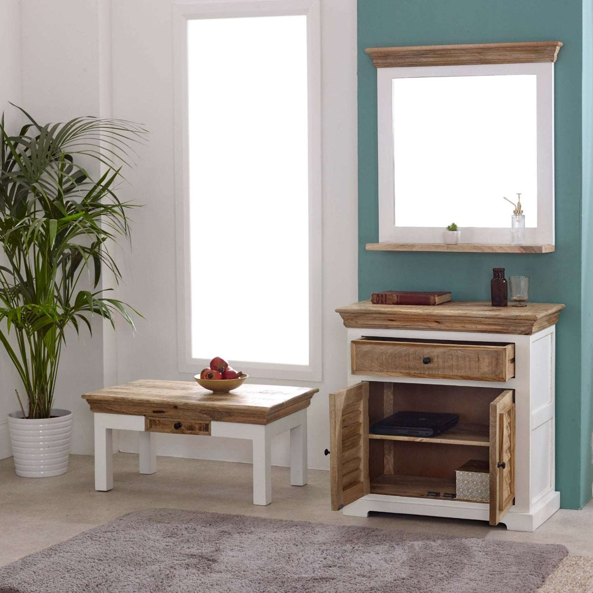 Verty Furniture Sideboard with Rustic Wood Finish and Open Storage in a Stylish Living Room Setting