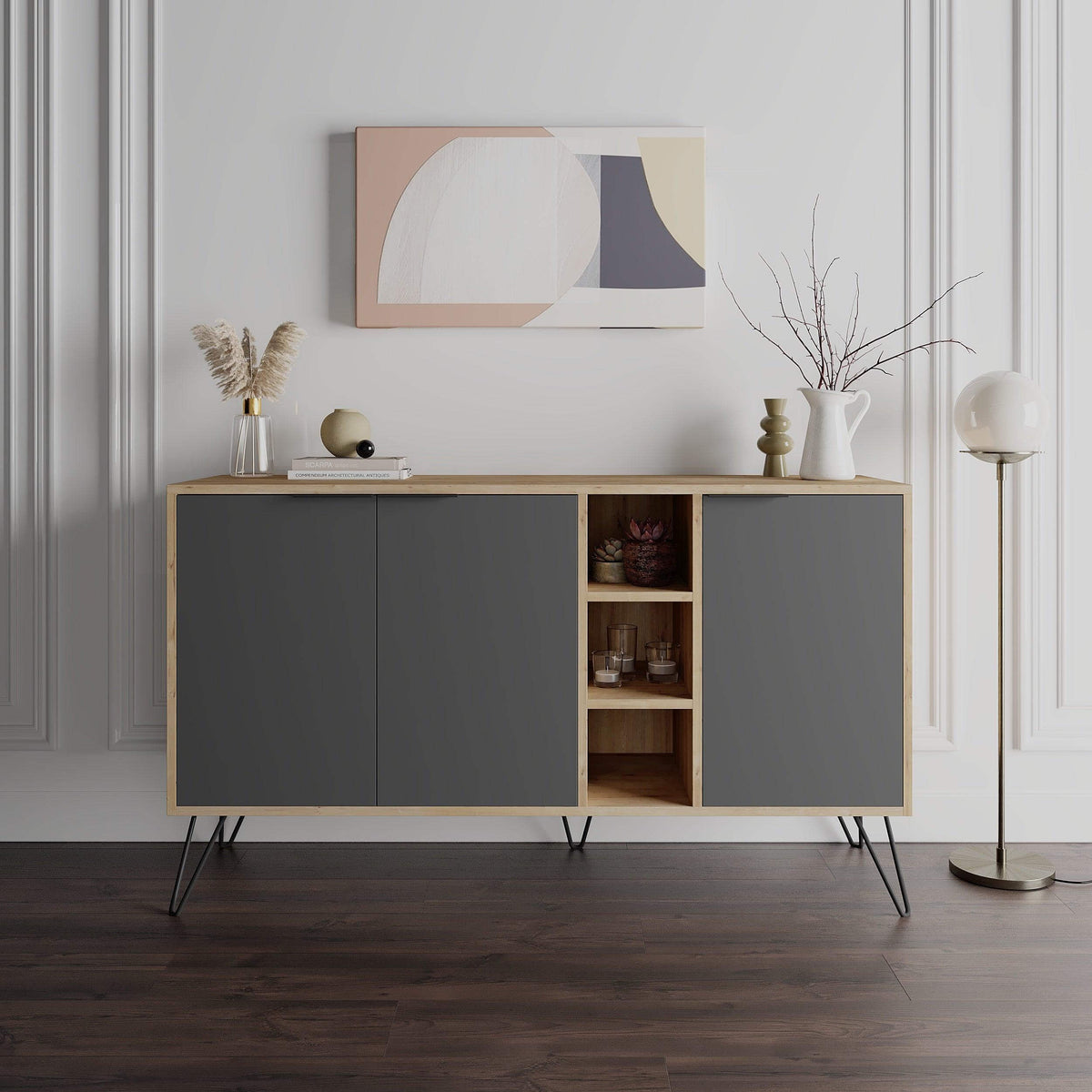 Stylish Decortie sideboard with grey doors and open shelving in a modern living space