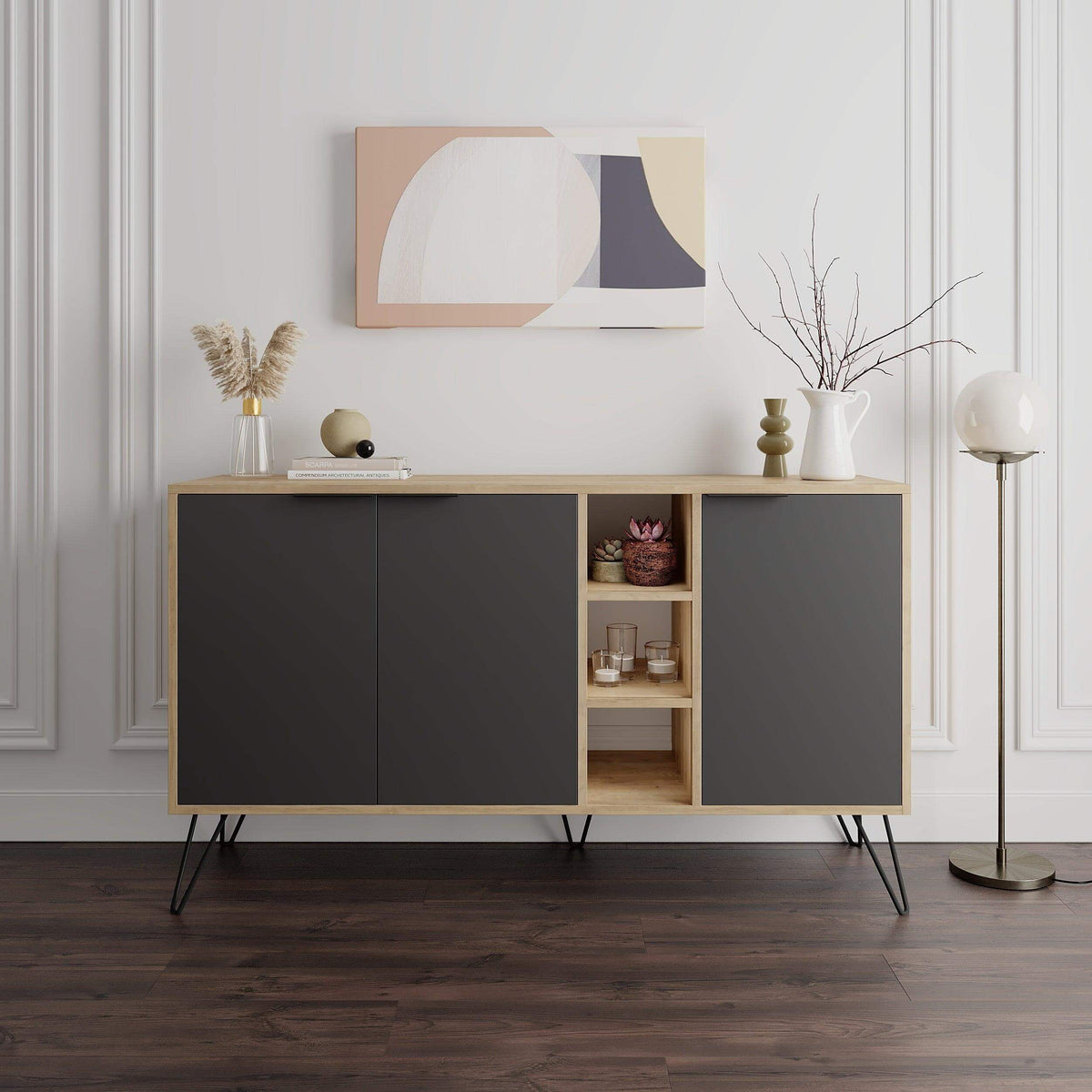 Decortie modern sideboard in grey and wood with open shelving for stylish storage