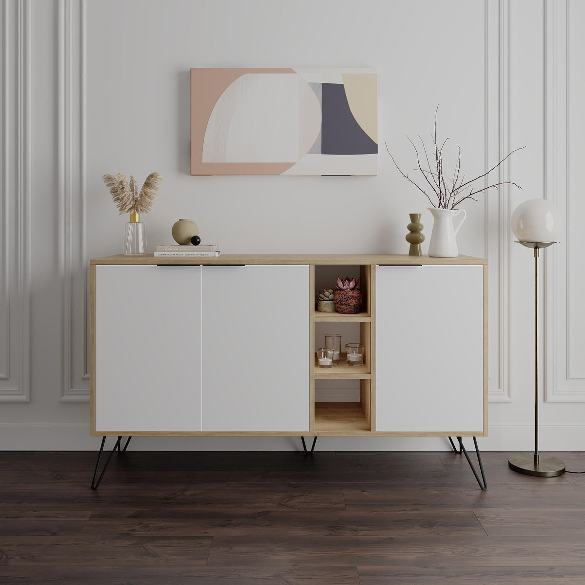 Stylish Decortie sideboard in modern design with sleek doors and open shelves for storage