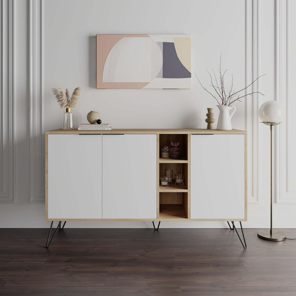 Modern Decortie sideboard with white doors and wooden accents, ideal for stylish storage solutions