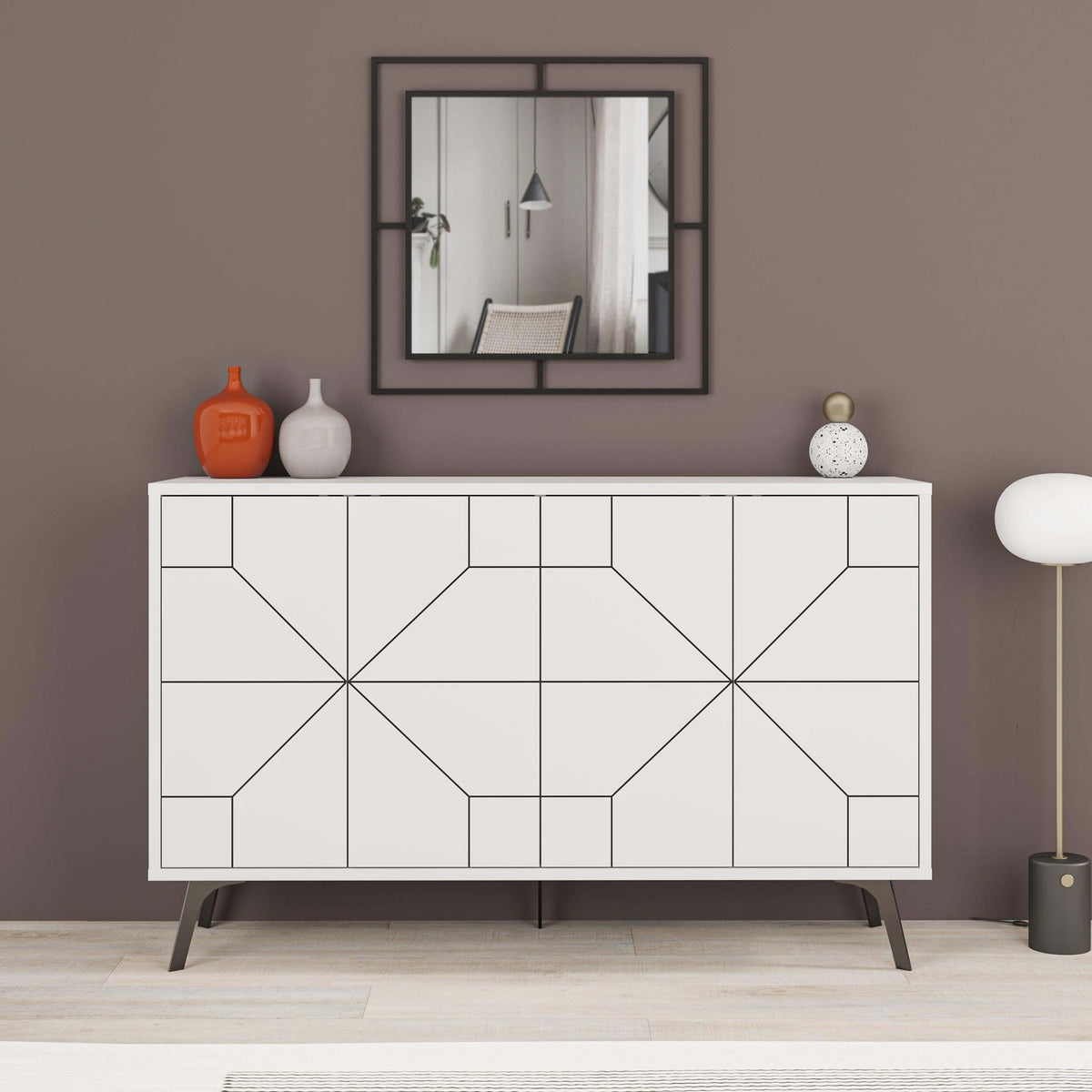 Modern Decortie sideboard in white with geometric design and sleek legs for stylish storage