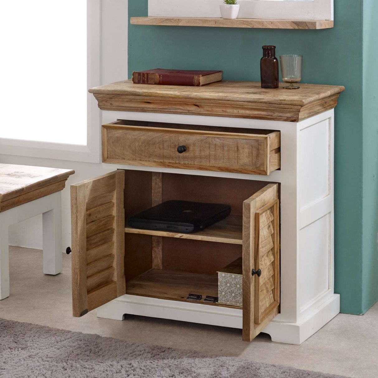 Verty Furniture white and natural wood sideboard with a drawer and open storage for a stylish living space