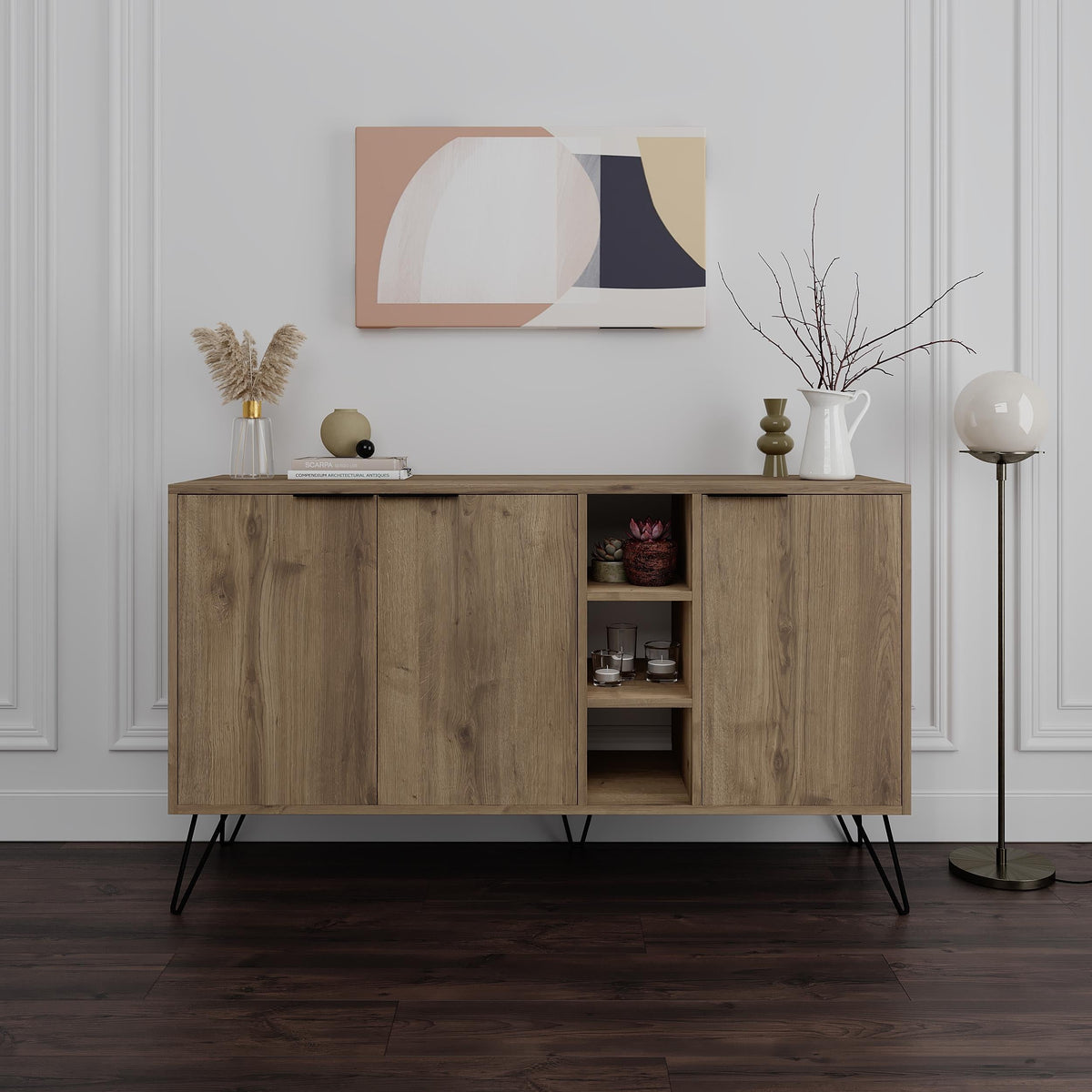 Decortie Sideboard in natural wood finish with four compartments and stylish standing legs