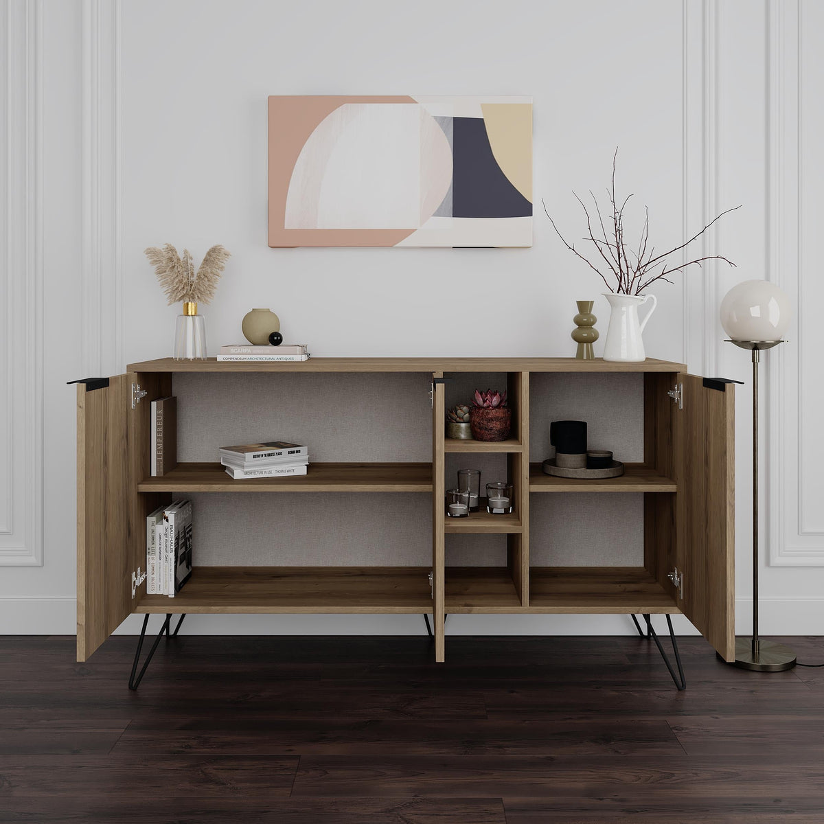 Decortie Sideboard in natural wood finish featuring open and closed shelving for stylish storage