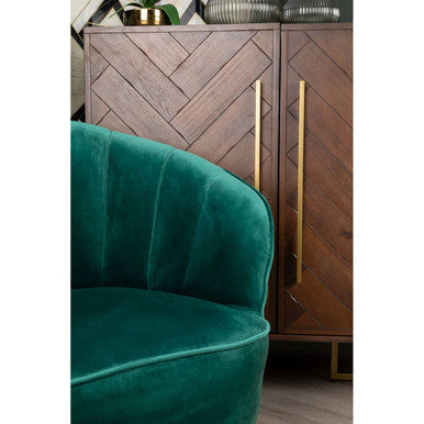 Orsina Drinks Cabinet with Herringbone Design and Gold Handles, paired with a Green Velvet Sofa
