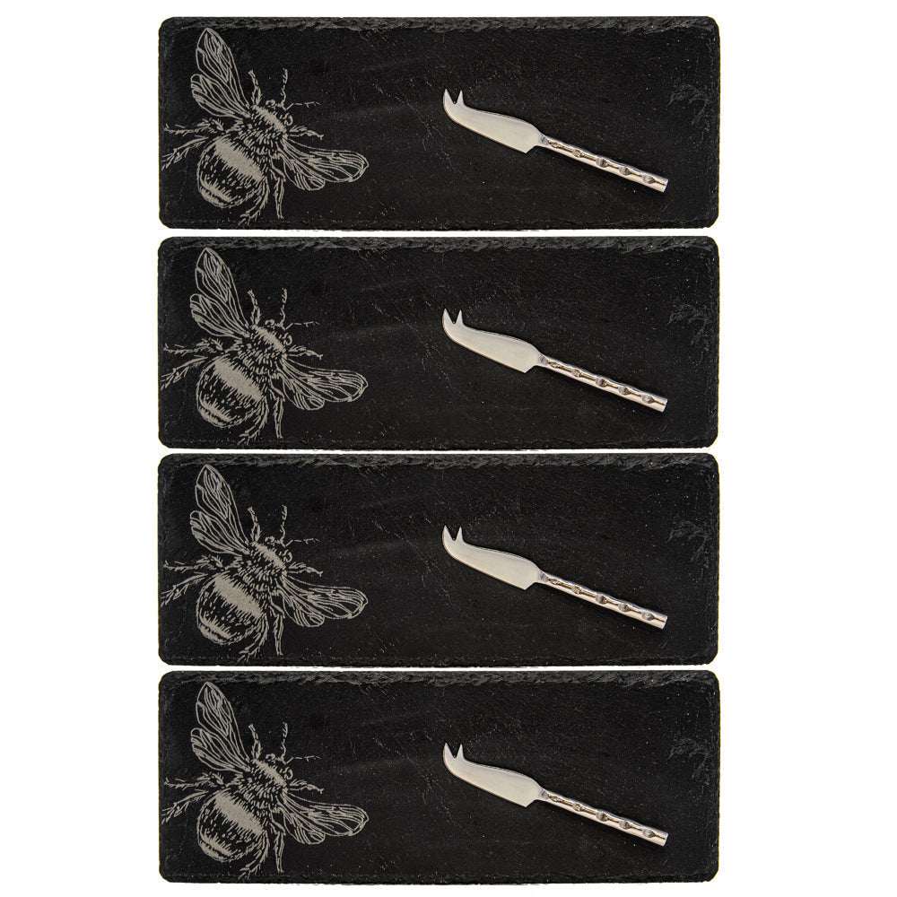 Slate Cheese Board with Bee Design and Accompanying Cheese Knives for Elegant Serving