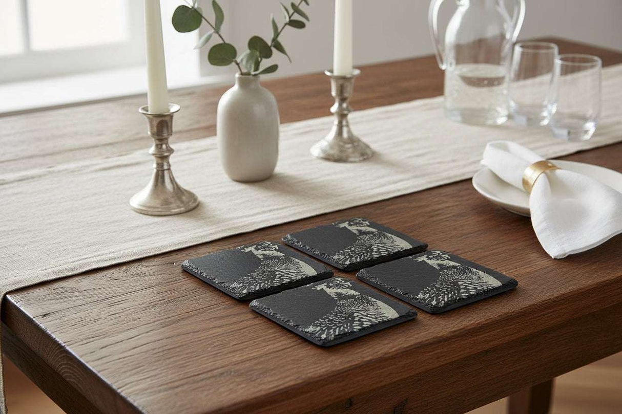Slate Gift Set featuring four stylish coasters with a decorative chicken design for home decor