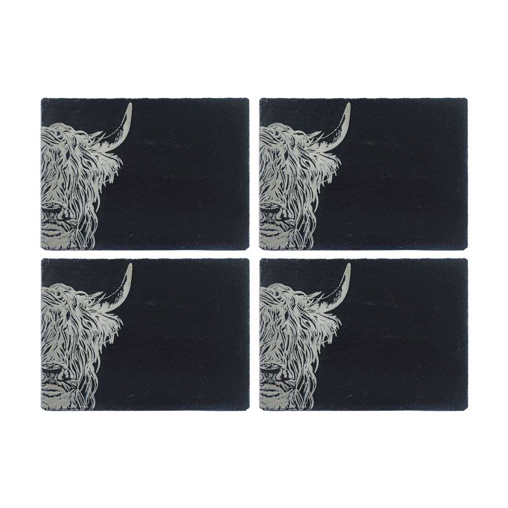 Selbrae House Slate Placemat Set featuring four coasters with highland cow design