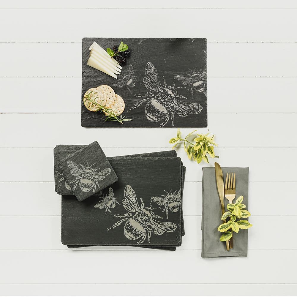 Slate Placemat and Coaster Set with Elegant Bee Design for Stylish Dining Decor
