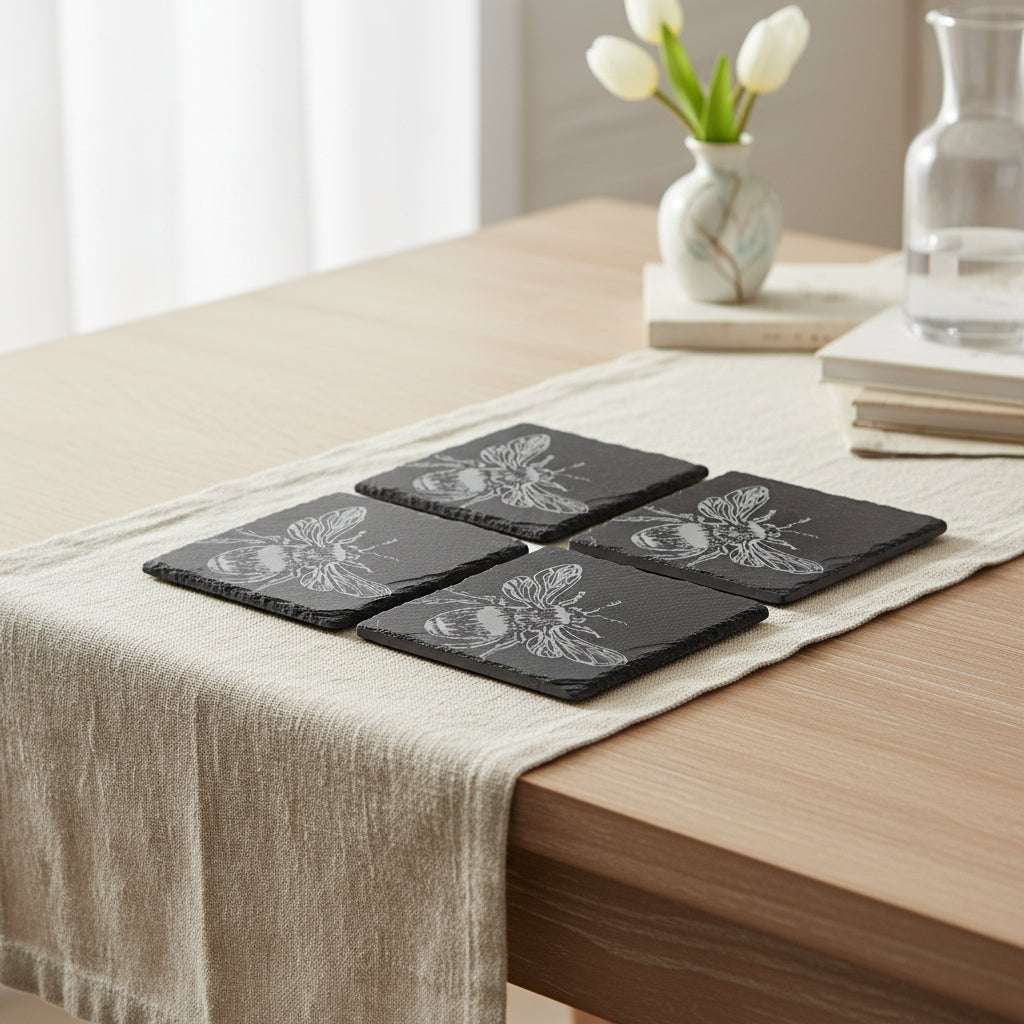 Set of four slate placemats featuring intricate floral designs for stylish dining