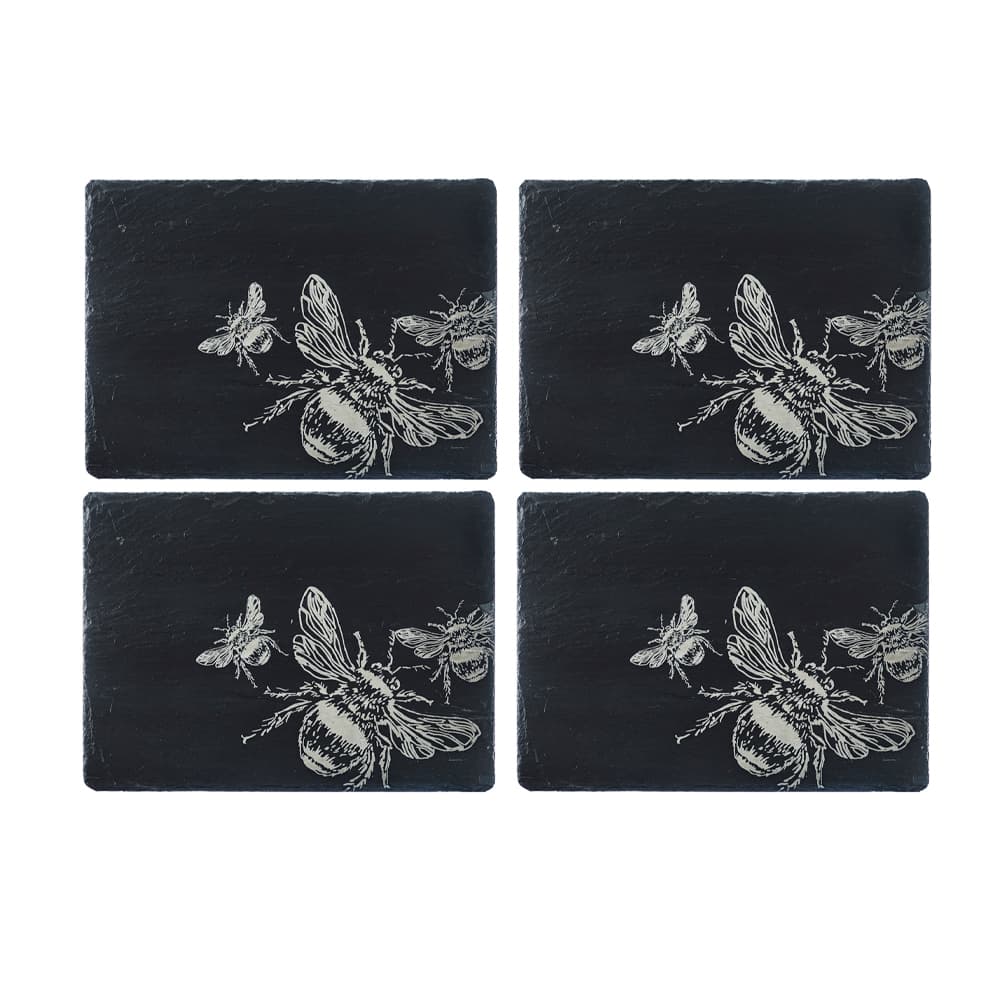 Set of four Slate Placemats featuring intricate bee designs for stylish dining decor