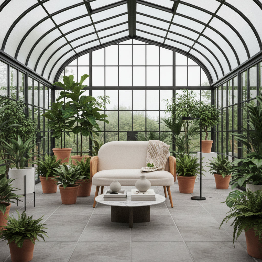 Stylish Orsina 2 Seater Sofa in a Modern Greenhouse Surrounded by Lush Plants