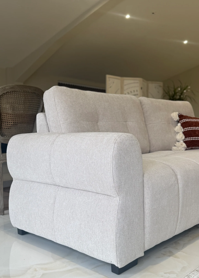 Stylish 3-Seater Sofa in light grey fabric with comfortable armrests for modern living rooms