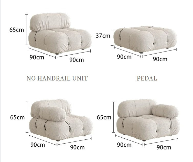 Nisu Home Plush Sofa in Cream with Dimensions for No Handrail Unit and Pedal Options