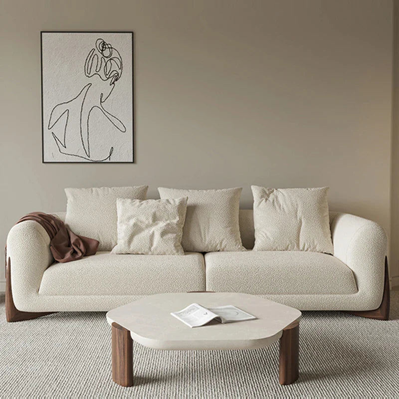 Nisu Home Modern Sofa in Cream Upholstery with Decorative Cushions and Wooden Legs