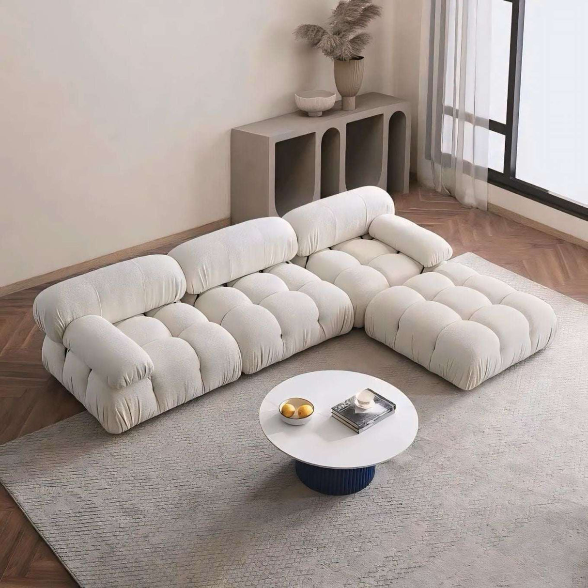 Nisu Home Modern Sofa in Neutral Fabric with Plush Cushions and Contemporary Design