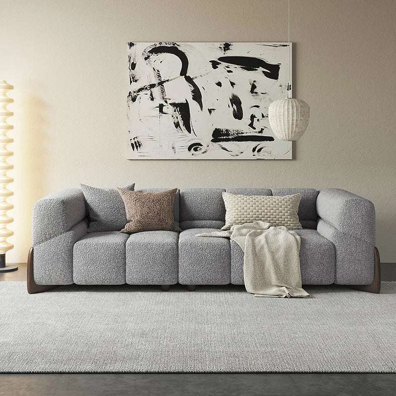 Modern Nisu Home Sofa in Grey Fabric with Curved Design and Decorative Cushions