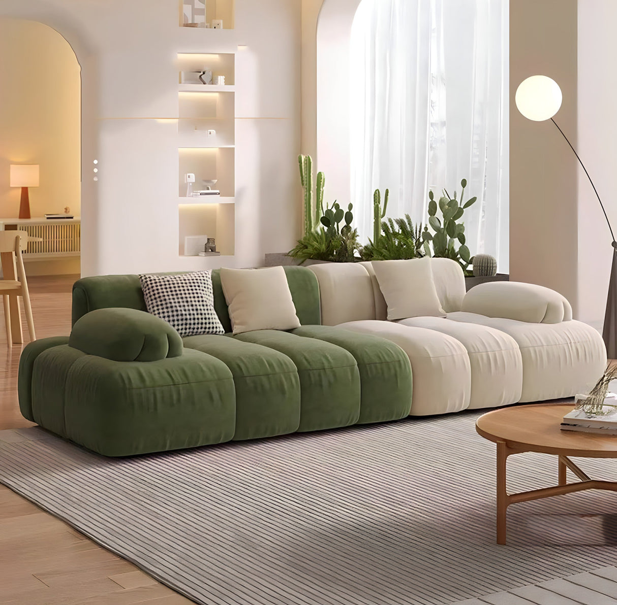 Modern Nisu Home Sofa in green and cream with plush cushions for stylish living rooms