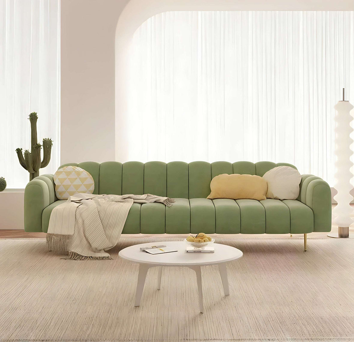 Nisu Home Green Sofa with Curved Design and Comfortable Cushions in a Modern Living Room