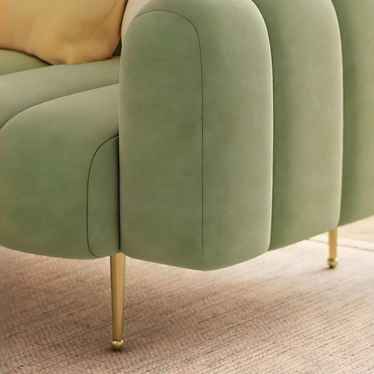 Nisu Home Green Sofa with Soft Curves and Golden Legs for Modern Living Spaces