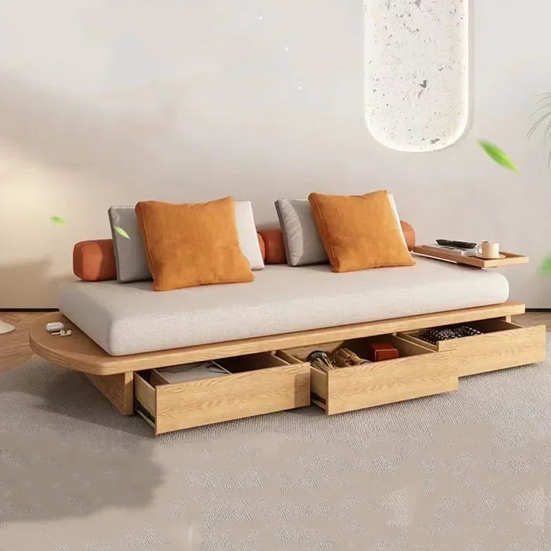 Modern Nisu Home Sofa with wooden base and plush cushions, featuring under-seat storage drawers
