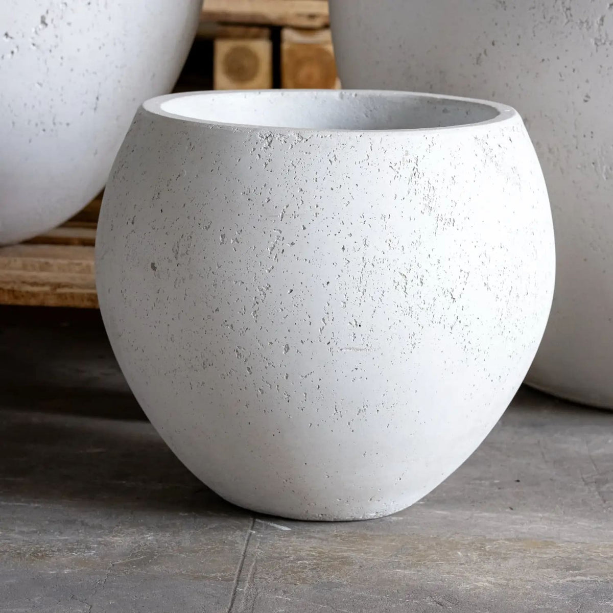 White concrete Sphere Planter with a smooth finish, perfect for indoor or outdoor plants