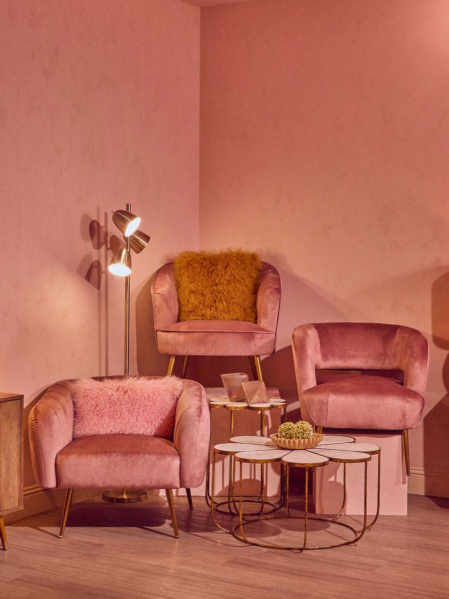 Orsina Square Cushion in a pink setting with stylish armchairs and elegant decor