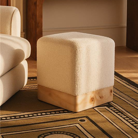 Mota Burl Wood And Cream Boucle Square Stool Orsina