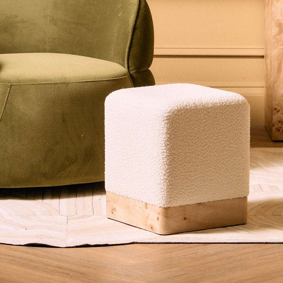 Mota Burl Wood And Cream Boucle Square Stool Orsina