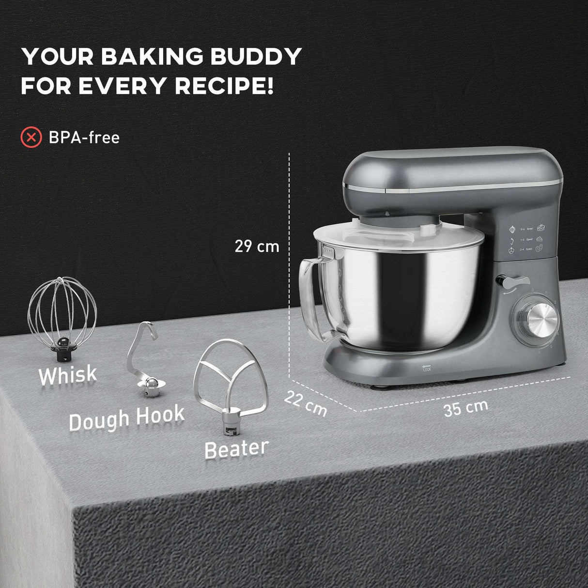 Wise Galleria Stand Mixer with stainless steel bowl and various attachments for versatile baking