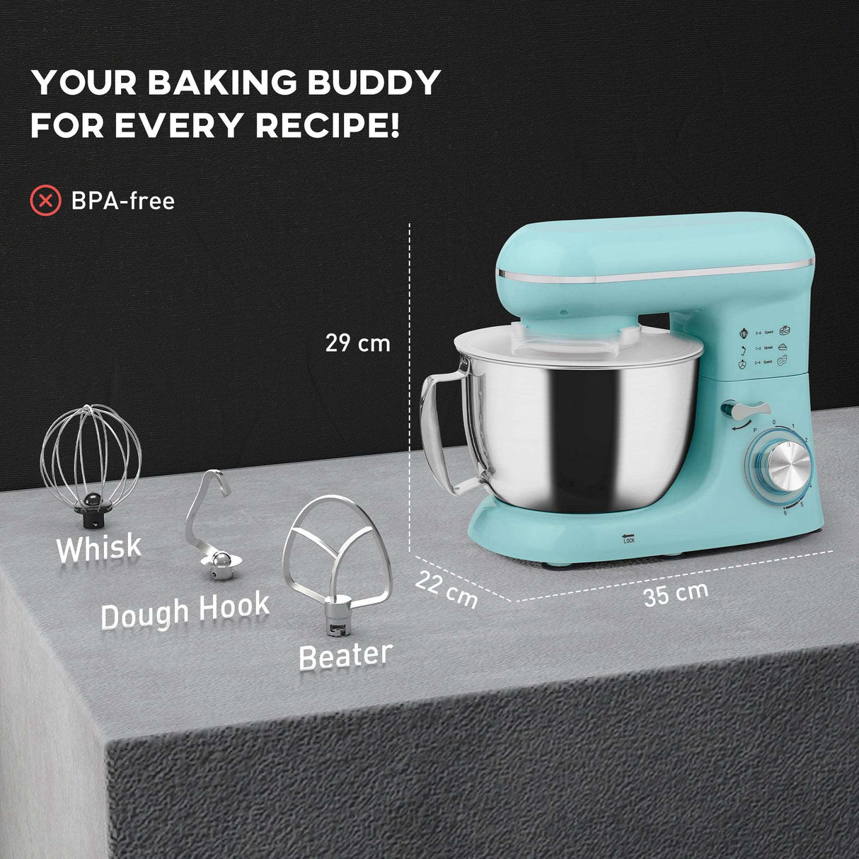 Wise Galleria Stand Mixer in pastel blue with whisk, dough hook, and beater for all baking needs